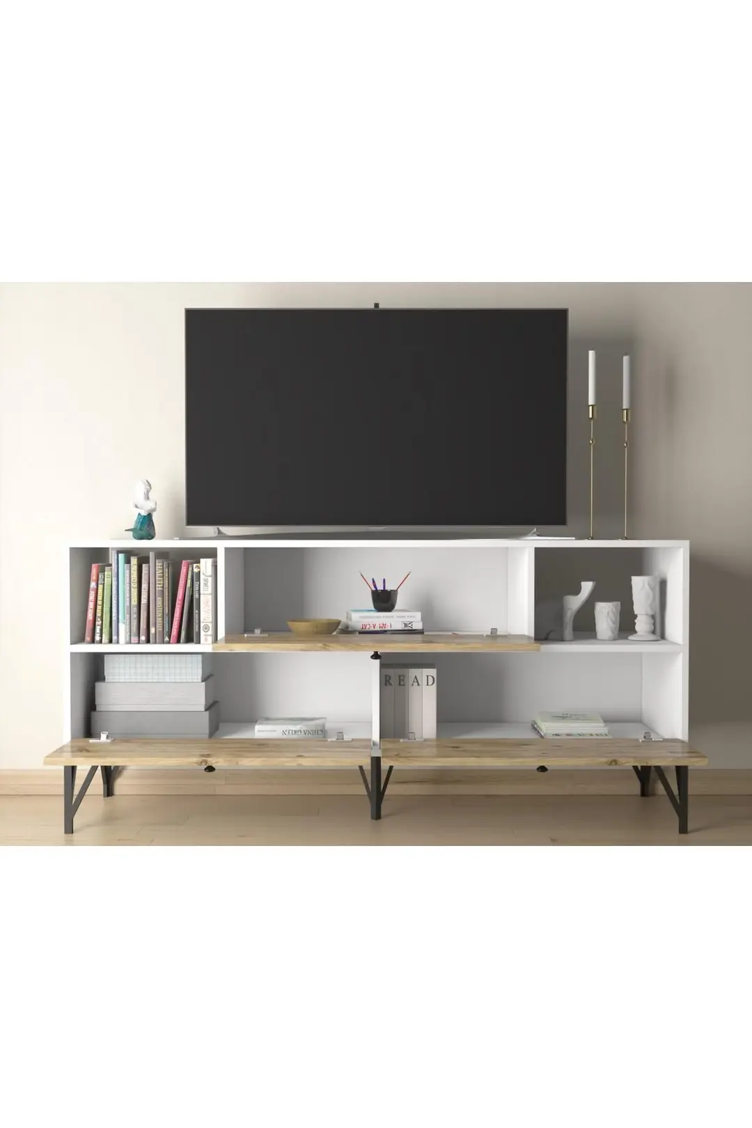 Mia 160 Cm Metal Ayaklı Tv Ünitesi - Konsol - Beyaz - Atlantik Çam / Siyah